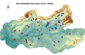 Mapa geográfico de la Red de Puntos Hidrométricos existente, entre el SAIH Tajo y el SNIRH.
